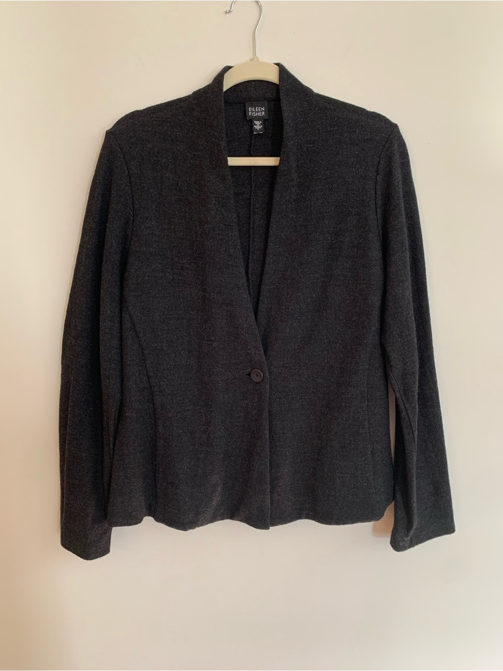 Eileen Fisher Charcoal Single-Button 100% Wool Knit Lightweight Blazer